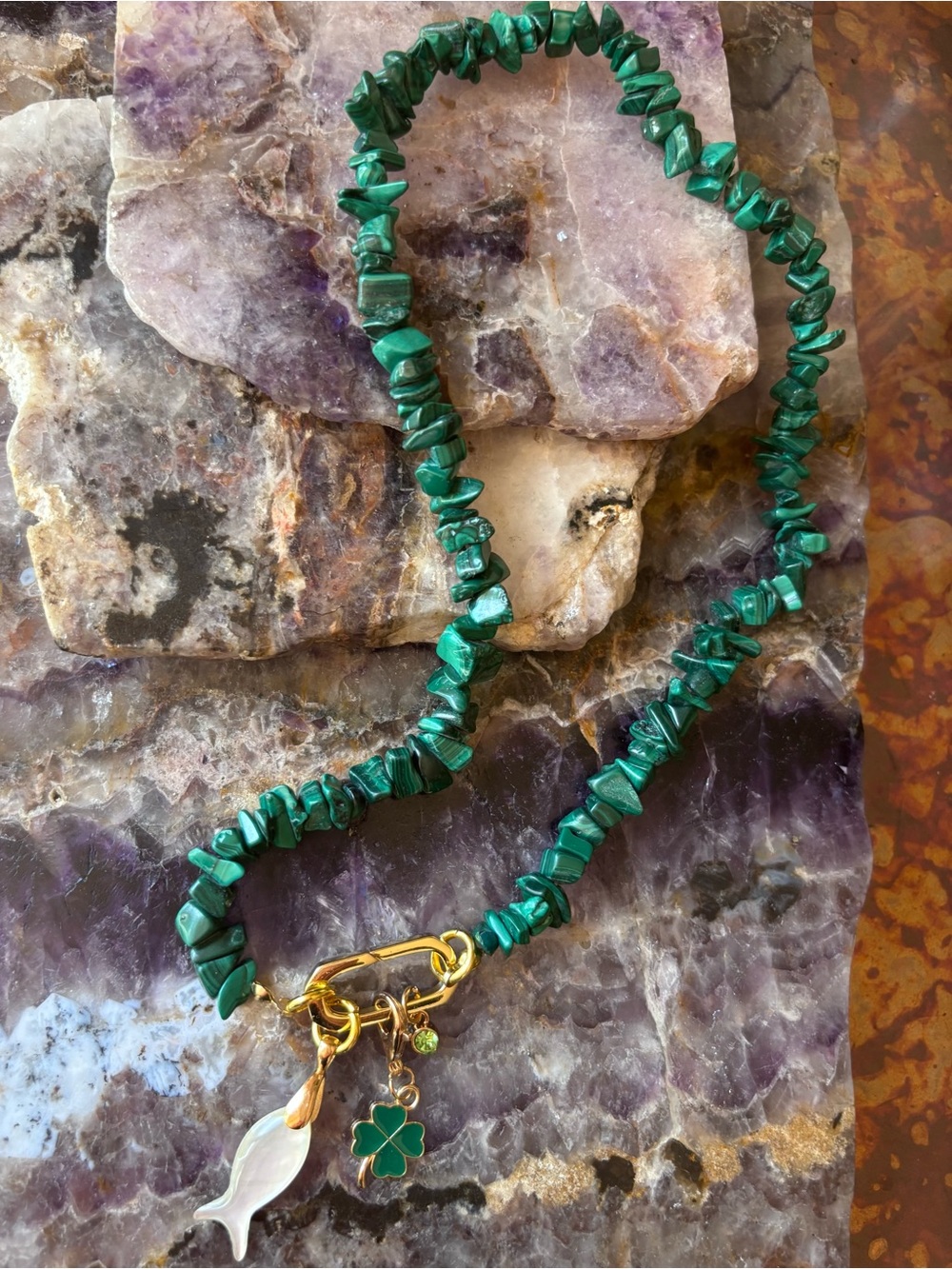 Handcrafted Malachite Gemstone Bead Necklace Gold Carabiner with Fish, Clover, C